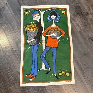 Vintage Pure Irish Linen Tea Towel Couple Picking Apples MCM Dunmoy Reg